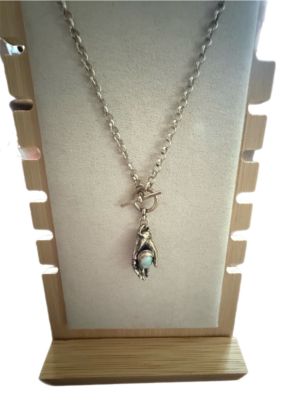 Sterling Hand Pendant Necklace with Opal Accent - Silver Hand Crafted 18 inch